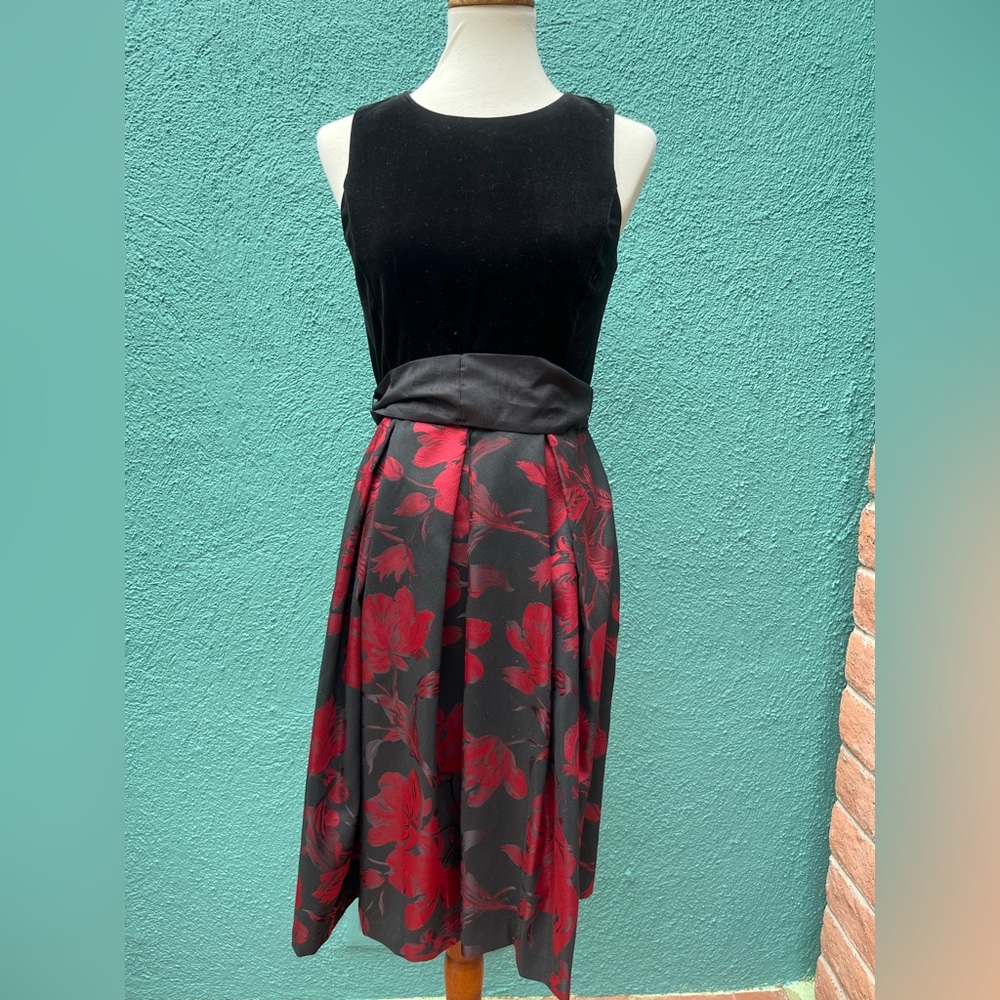R&K vintage velvet black and red floral pleated midi dress
